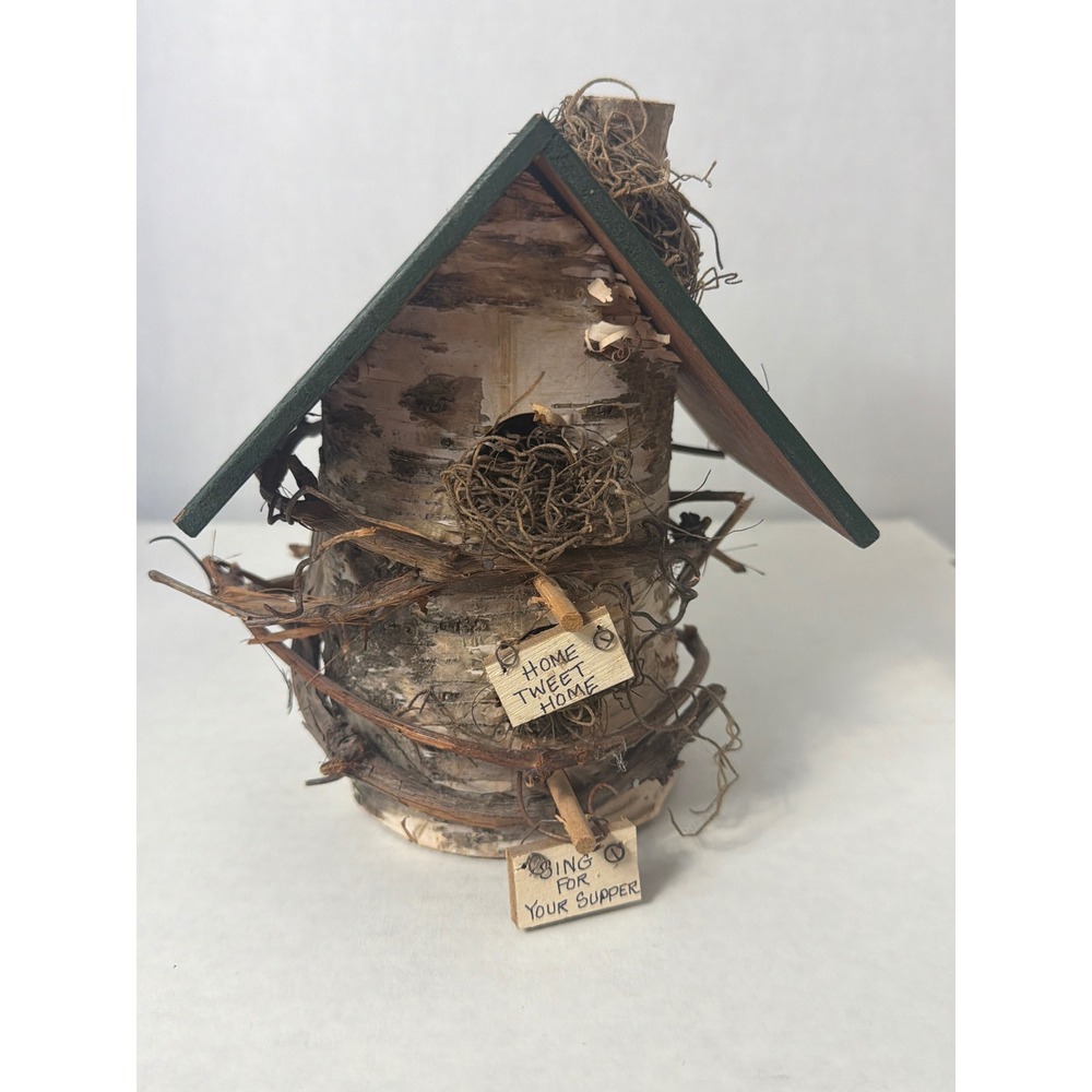Rustic Natural Birch Log Decorative Birdhouse Home Tweet Home Green Roof
